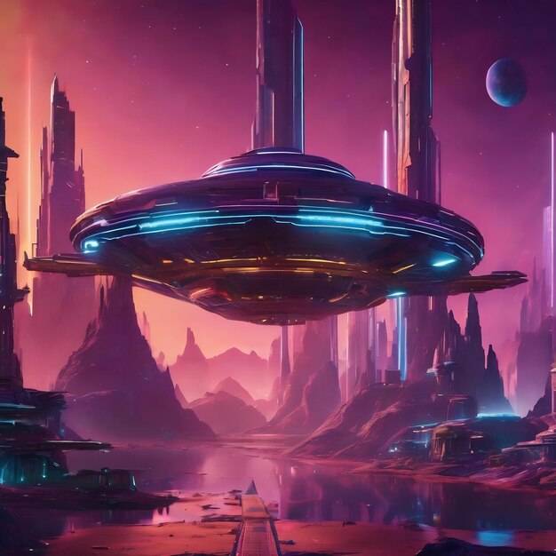 Zdjęcie fantasy miasto bazy statku kosmicznego legendarny statek kosmiczny na planecie w kosmosie neonowe światła oświetlają miasto