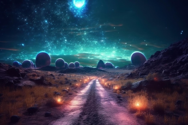 Fantasy obca planeta na nocnym niebie 3D ilustracja Generatywna sztuczna inteligencja