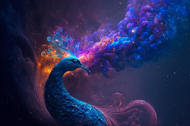 Fantasy Peacock na przestrzeni Galaxy. generowana sztuczna inteligencja