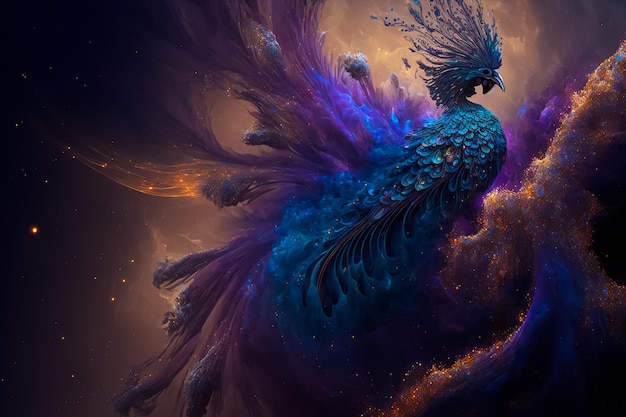 Fantasy Peacock na przestrzeni Galaxy. generowana sztuczna inteligencja