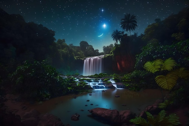 Fantasy piękny futurystyczny krajobraz z wodospadem Sieć neuronowa AI generowana