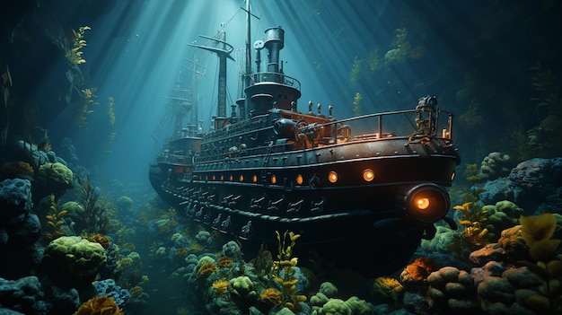 Zdjęcie fantasy podwodna ilustracja statku
