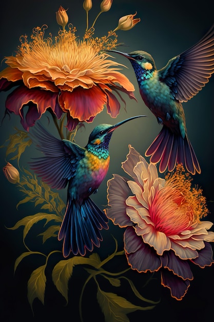 Fantasy Ptak na kwiatach koliber Luksusowa tapeta plakat AI ilustracja