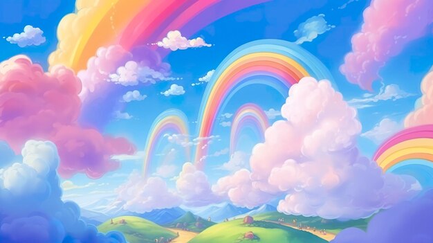 Fantasy rainbow sky Fairy skies rainbows colors magic landscape and dream sky background illustration AI Generative