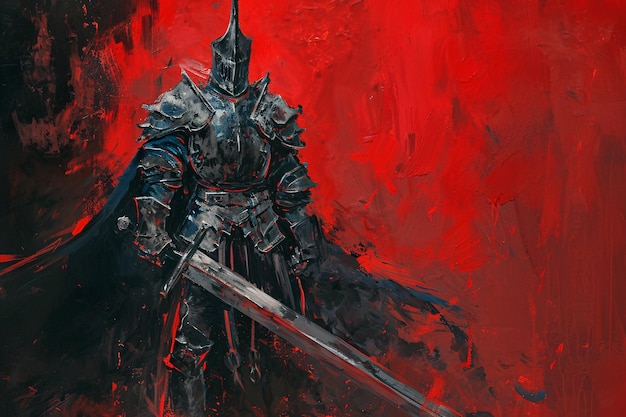 Fantasy Roleplay Czarny Rycerz z dużym mieczem na czerwonym tle
