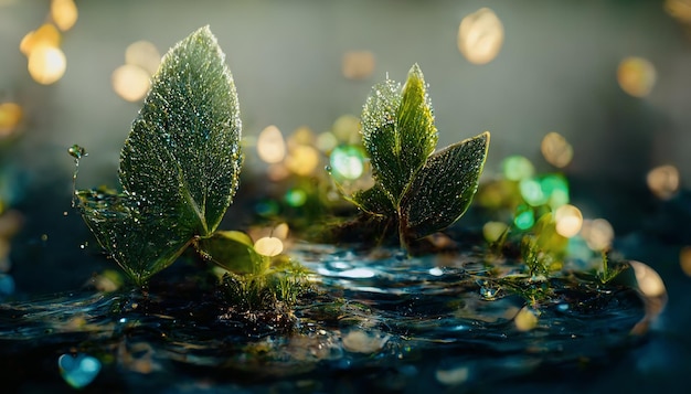 Fantasy scena zielonych liści unoszących się na wodzie Cyfrowa ilustracja 3D