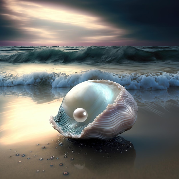 Fantasy seascape muszla z perłami na falach oceanu piana morska zachód słońca AI