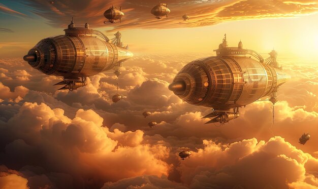 Fantasy steampunk statki powietrzne pływają wśród chmur na tle dramatycznego zachodu słońca