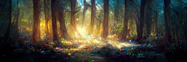 Fantasy światło słoneczne ściółka lasu, drzewa, przyroda, zieleń, światło. Krajobraz leśny. Ilustracja cyfrowa