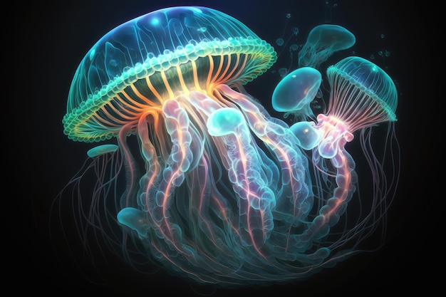 Fantasy świecące meduzy podwodne stworzenie streszczenie meduzy generatywnej ilustracji AI