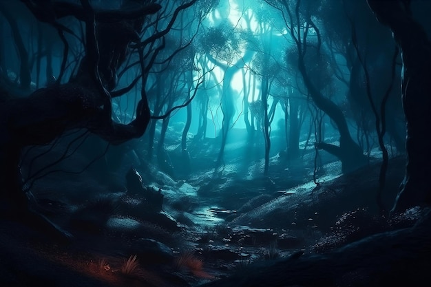 Fantasy świecący las w nocy