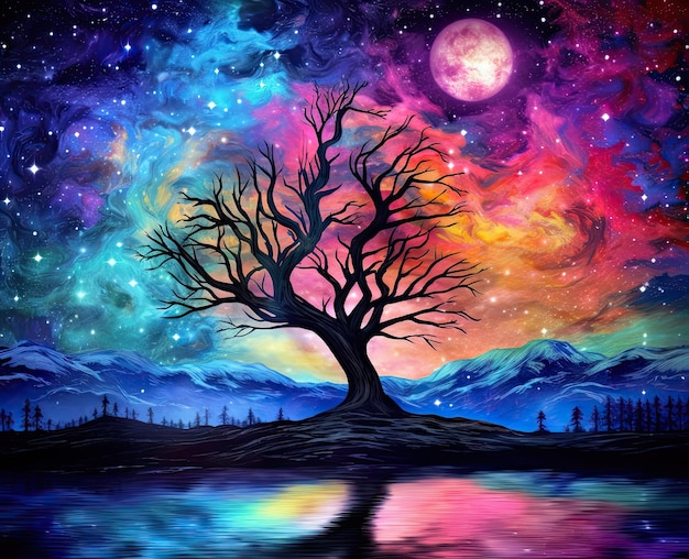 Fantasy sztuka malarstwo nocny krajobraz kolorowy akwarela góry rzeka drzewa niebo gwiazdy tło