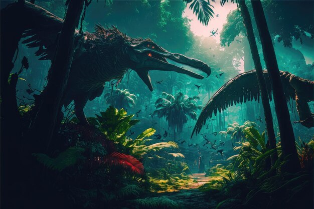 Zdjęcie fantasy w dinozaurach lub drapieżnikach w scenerii głębokiej dżungli
