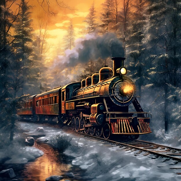 Zdjęcie fantasy winter forest z pociągiem zaklęta podróż kolejowa