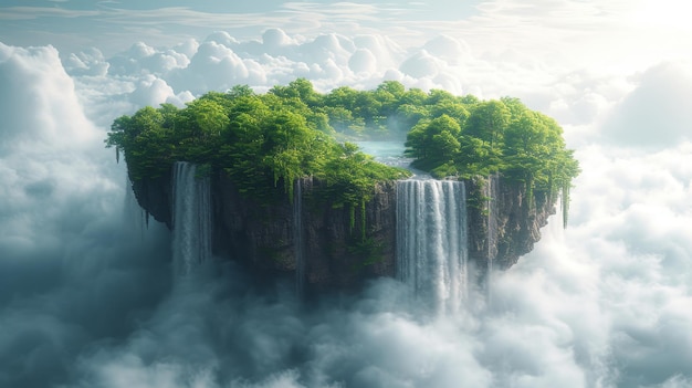 Fantasy wyspa z zielonymi drzewami wodospady odizolowane z chmurami realistyczna ilustracja latającego nieba