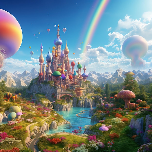 Fantasy ziemia trawa i wzgórze zamek z kwiatami i drzewo z fantastycznym realistycznym stylem