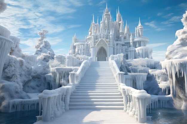 Fantasy zimowy krajobraz ze schodami prowadzącymi do zamku fantasy 3D rendering Piękny zamek architektoniczny z dużymi schodami na schodach otoczony lodem i wodą pod jasnym AI generowany