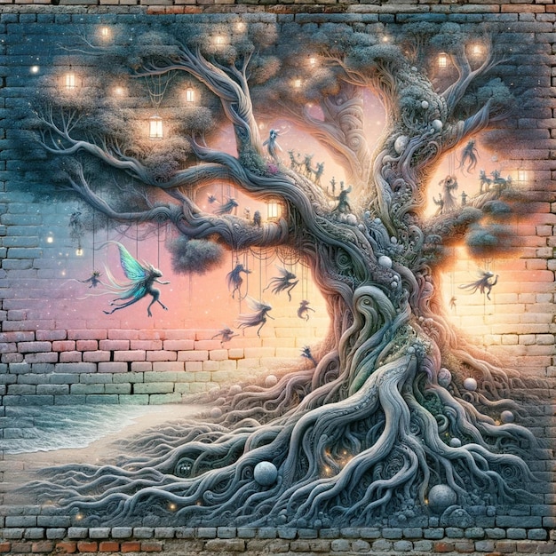 Zdjęcie fantasyinfused brick wall art starożytne drzewo