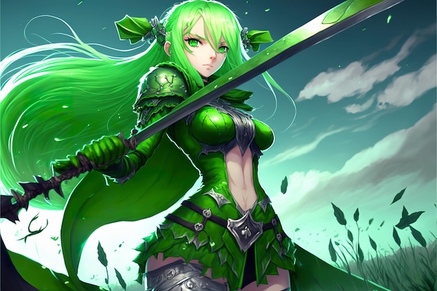 Fantazja anime dziewczyna wojownik na zielonym polu