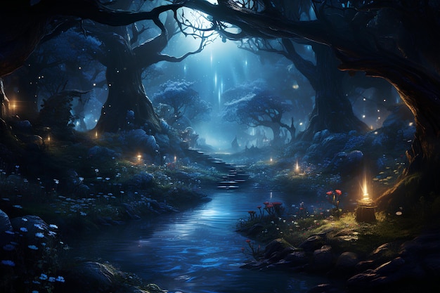 fantazja ciemno niebieski las z rzeką