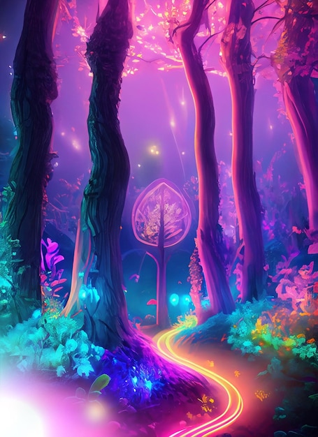 Fantazja neonowego lasu świecącego kolorowo jak z bajki Stworzona