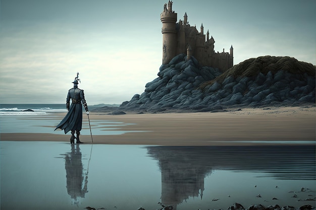 Zdjęcie fantazja wędrująca po plaży w pobliżu zamku