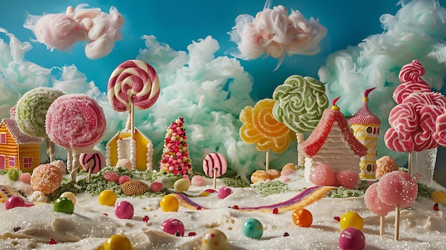 Fantazyjna i kolorowa kraina cukierków z lizakami, gumami i innymi słodyczami.