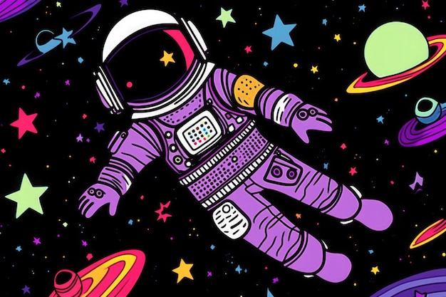 Fantazyjna ilustracja astronauta z kolorowymi planetami, gwiazdami i kometami na ciemnym płótnie kosmicznym