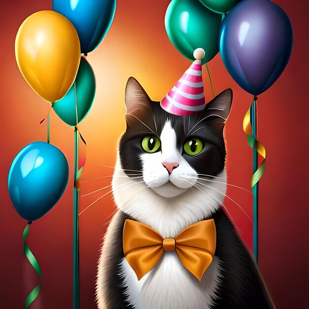 Fantazyjna ilustracja przedstawiająca kota w imprezowej czapce otoczonego balonami