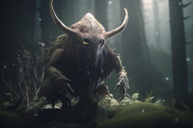 Fantazyjna ilustracja stworzenia lub postaci z mitu lub legendy w ciemnym i przerażającym lesie