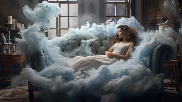 Zdjęcie fantazyjna kobieta leżąca w pokoju pełnym chmur.