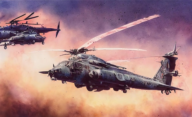 Fantazyjna koncepcja helikoptera wojskowego o zachodzie słońca horyzontalny widok z boku na panoramę Pastelowe kolory malowanie ilustracji w stylu sztuki cyfrowej