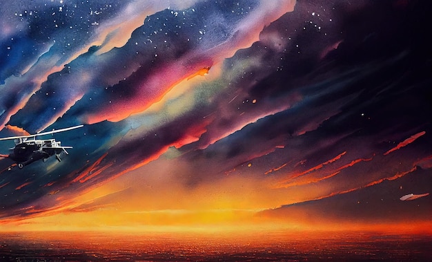 Fantazyjna koncepcja helikoptera wojskowego o zachodzie słońca w stylu akwareli poziomy widok z boku panoramę Pastelowe kolory malowanie ilustracji w stylu sztuki cyfrowej