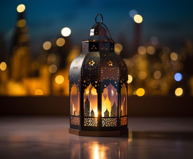 fantazyjna latarnia z zabawnymi wzorami i kształtami z marzonym rozmytym meczetem