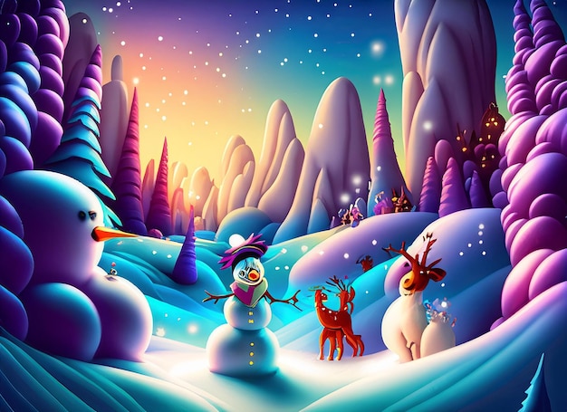 Fantazyjna zimowa kraina cudów z bajki z mówiącymi zwierzętami i magicznymi śnieżkami.