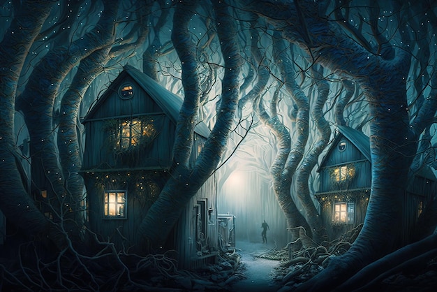 Fantazyjne domy w magicznym lesie nocą bajkowe mieszkanie w dziwnych drzewach generatywne AI