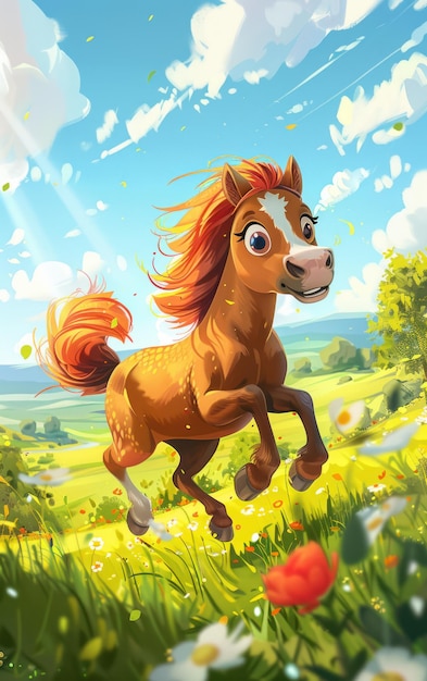 Zdjęcie fantazyjne dzieła artystyczne konia piękna ilustracja kreskówki konia przynosząca radość i urok
