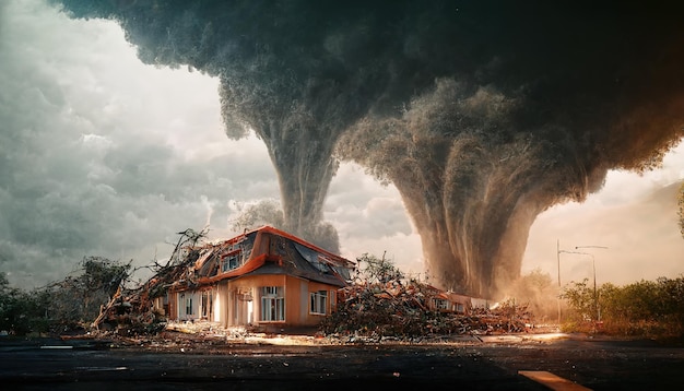 Fantazyjne przerażające tornado niszczące budynki miejskie