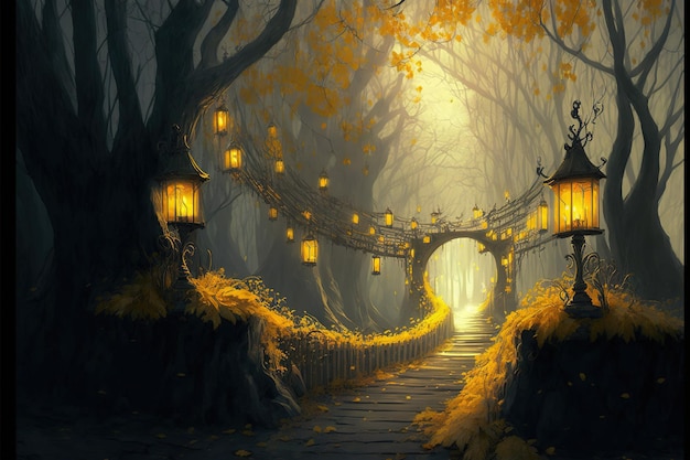 Fantazyjne tło drogi wlak w zaczarowanym lesie z latarnią