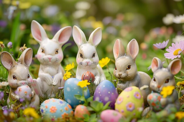 Fantazyjne zgromadzenie figurek Wielkanocnego Króliki świętujące wiosnę pośród pola kolorowych jaj
