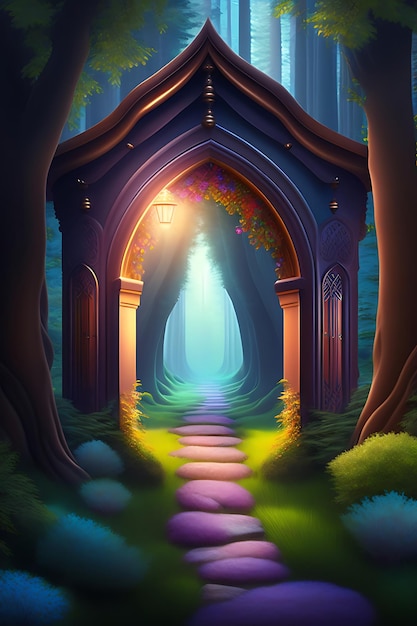 Fantazyjny bajkowy las z magicznymi drzwiami