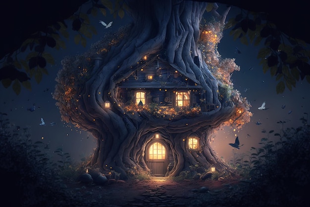 Fantazyjny dom w leśnej baśniowej chacie i świetliki w nocy ilustracyjny generatywny AI