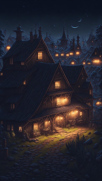 Fantazyjny dom w nocnym lesie