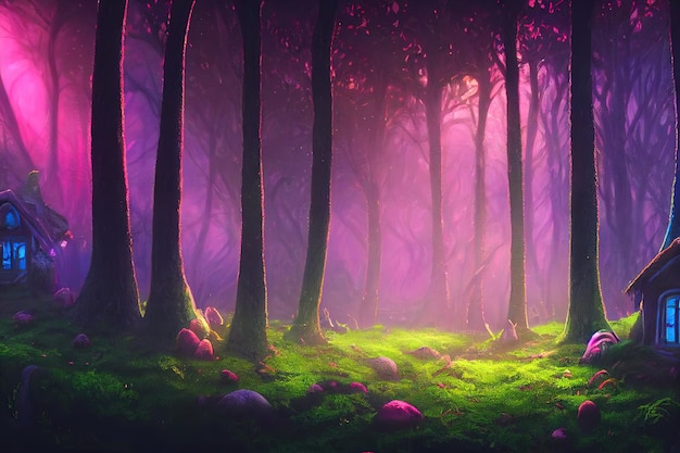 Fantazyjny drewniany dom w magicznym bajkowym lesie neon zachód słońca promienie światła przez drzewa