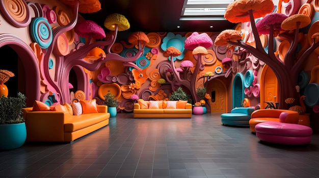 Fantazyjny i kolorowy plac zabaw dla dzieci w hotelowym lobby z interaktywnymi grami i zabawkami Generative AI