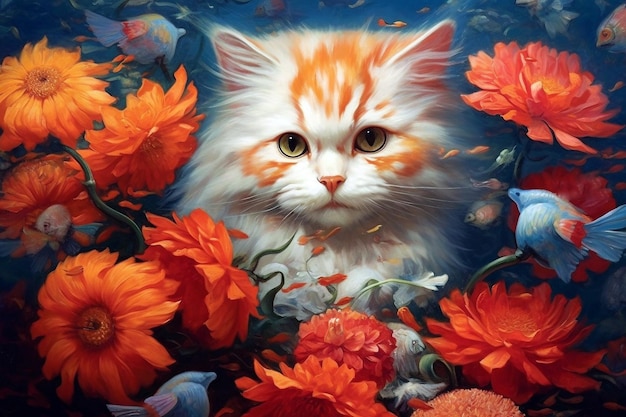 Fantazyjny kolaż kota z rybami i kwiatami generatywnymi ai