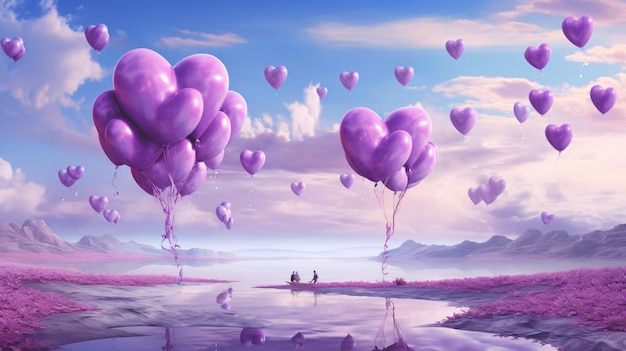 fantazyjny krajobraz i pływające fioletowe kolorowe serce ilustracja wektorowa