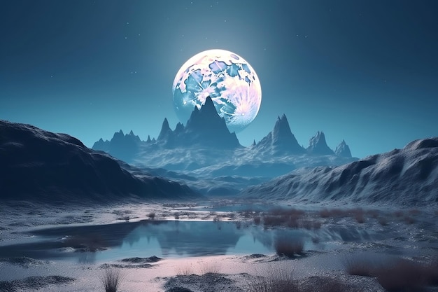 Fantazyjny krajobraz odległej planety z górą i dużym niebieskim księżycem za generatywną ai