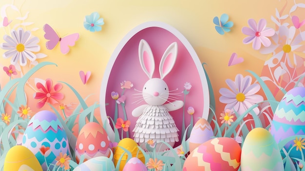 Fantazyjny krajobraz wiosenny z kwiatami jaj i królikiem