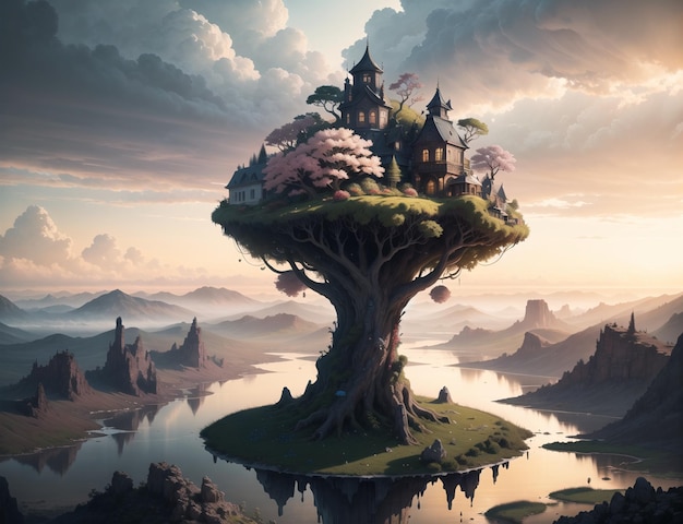Fantazyjny krajobraz z drzewem na szczycie